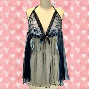 Black Lace sheer mesh nighty babydoll negligee lingerie tie open back sexy pinup